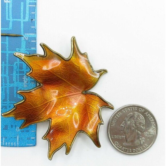 Hroar Prydz  Sterling Silver Orange Amber Enamel Maple Leaf  Brooch, N40 - Picture 9 of 10
